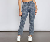 Hoch sitzende Jeans mit geradem Bein und Stickerei