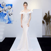 Robe queue de poisson brodée à bretelles volantées Elizabeth