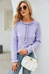 Half-Button Frill Trim Raglan Sleeve Sweater