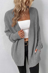 Cable-Knit Open Front Cardigan with Side Pockets