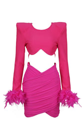 Shoulder Pad Waist Baring Feather Blouse Pleated Dress in Pink