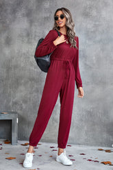 Drawstring Waist Round Neck Long Sleeve Jumpsuit