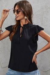 Tie Neck Flutter Sleeve Frill Trim Top