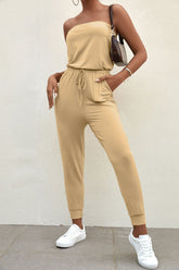 Drawstring Waist Strapless Jogger Jumpsuit