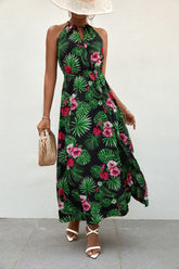 Robe longue fendue sans manches à imprimé botanique