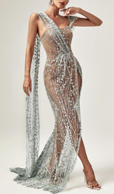 Robe longue fendue à sequins