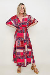 Robe longue trapèze multicolore à patchwork cachemire