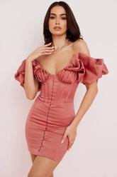 Rose Satin Ruffle Strapless Dress