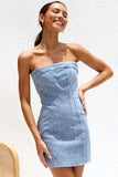 Vintage Distressed Banded Strapless Denim Bodycon Mini Dress - Light Blue