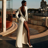 Asymmetric Backless Sleeved High Slit Evening Maxi Dress - White