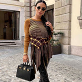 Pull en tricot asymétrique à manches longues et à franges de couleur contrastée - Gingembre