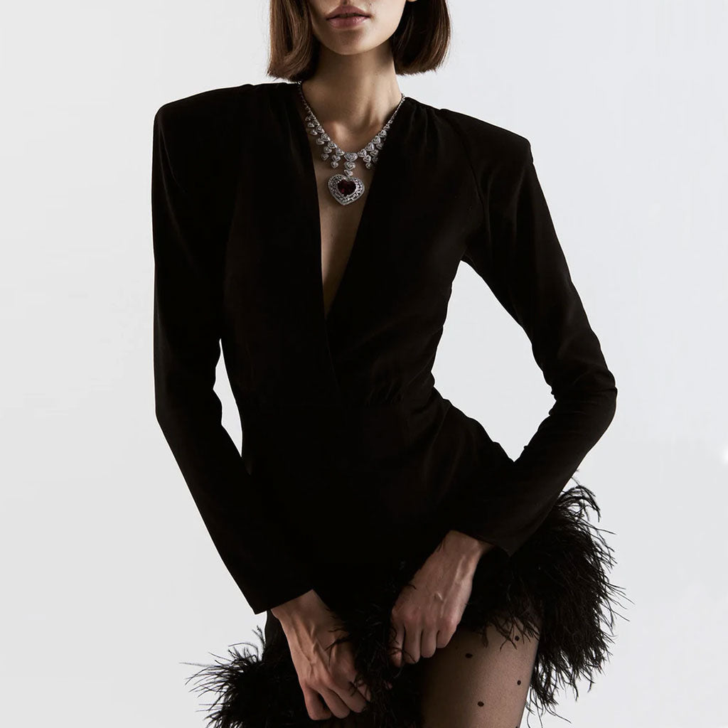 Asymmetric Faux Feather Trim Plunging Long Sleeve Mini Bandage Dress - Luis Shop Asymmetric Faux Feather Trim Plunging Long Sleeve Mini Bandage Dress - Luis Shop