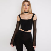 Asymmetric Mock Neck Shrug Cutout Corset Long Sleeve Top - Black