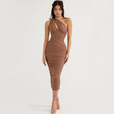 Asymmetric One Shoulder Cutout Ruched Corset Mesh Midi Dress - Brown