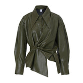 Asymmetric Pleated Pointed Collar Button Down Belted Vegan Leather Jacket