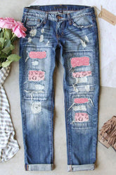 Distressed-Jeans mit geradem Bein und Leoparden-Patch