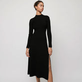 Baroque Long Sleeve High Slit Cashmere Sweater Midi Dress - Black