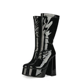 Bold Patent Leather Knee High Platform Chunky Heel Boots - Black