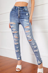 Skinny-Jeans in voller Größe mit Knopfleiste und Used-Look