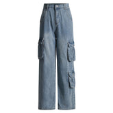 Jean cargo décontracté taille haute à jambe droite et poches multiples en denim