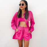 Ensemble chemise et short décontractés à manches longues et patte de boutonnage dissimulée - Rose vif