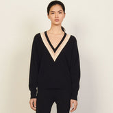 Pull décontracté à manches longues et col en V profond à rayures - Noir