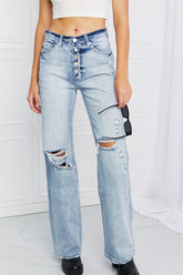 Kancan Jeans mit Knopfleiste und geradem Bein, Used-Look, offenem Saum