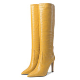 Bottes hautes à talons aiguilles et bout pointu en similicuir effet croco chic - Jaune