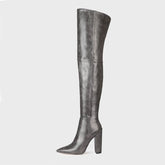 Bottes chics en similicuir à talon bloc et bout pointu au-dessus du genou - Gris