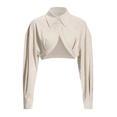 Chic Folded Collar Long Sleeve Drop Shoulder Frill Curved Hem Crop Shirt