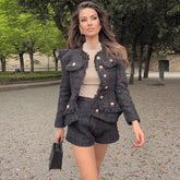 Schickes Tweed-Set mit hoher Taille und Knopfleiste vorne mit Fransenbesatz - Schwarz