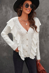 Button Front Ruffle Trim V-Neck Cardigan