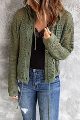 Durchbrochene Strickjacke mit Kapuze und Knopfleiste, Kordelzug