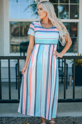 Robe longue taille haute à imprimé rayé
