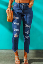 High-Waist-Jeans mit Distressed-Saumdetail