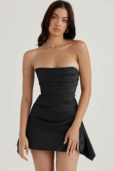 Robe courte de soirée bustier en satin soyeux à bordure plissée - Noir