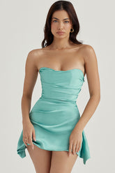 Robe courte bustier en satin soyeux à bordure plissée et bordure en dentelle - Turquoise
