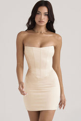 Robe mini bustier moulante d'été en satin soyeux à effet corset - Crème