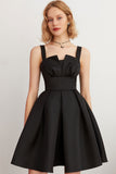 Silky Satin Suspender Strap Pleated Fit & Flare Party Mini Dress - Black