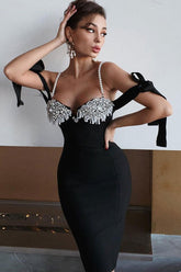 – Glitzerndes, verziertes Bandage-Cocktail-Midikleid mit Herzausschnitt - Schwarz