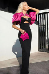 Robe longue de soirée en satin bicolore à ornements scintillants et découpes - Noir