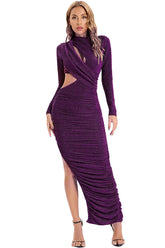 Glitzerndes, langärmliges, gerafftes, geschlitztes Maxikleid mit Cut-outs - Lila
