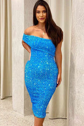 Robe mi-longue moulante à une épaule en velours pailleté - Bleu