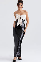 Robe longue de soirée à paillettes, sans bretelles, surdimensionnée et ornée d'un nœud scintillant - Noir