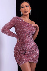 Glitzerndes One-Shoulder-Wickel-Minikleid aus Samt mit Puffärmeln und Pailletten - Rosa