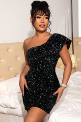 Robe courte de soirée à volants scintillants et à sequins en velours à une épaule - Noir