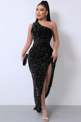 Glitzerndes, einschultriges Maxi-Abendkleid mit hohem Schlitz und Pailletten - Schwarz
