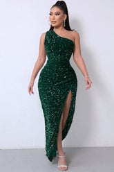 Glitzerndes, einschultriges Maxi-Abendkleid mit hohem Schlitz und Pailletten - Smaragdgrün