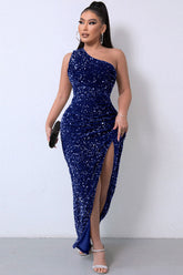 Glitzerndes, einschultriges Maxi-Abendkleid mit hohem Schlitz und Pailletten - Königsblau