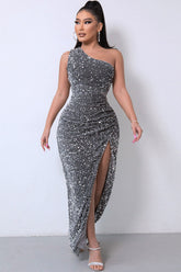 Glitzerndes, einschultriges Maxi-Abendkleid mit Pailletten und hohem Schlitz - Grau